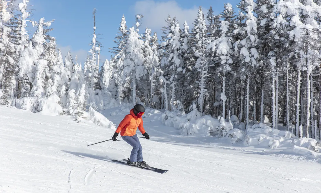 Skiing woman skier going downhill