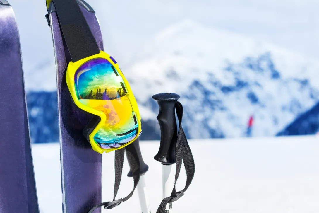 Ski equipment with skies mask and poles