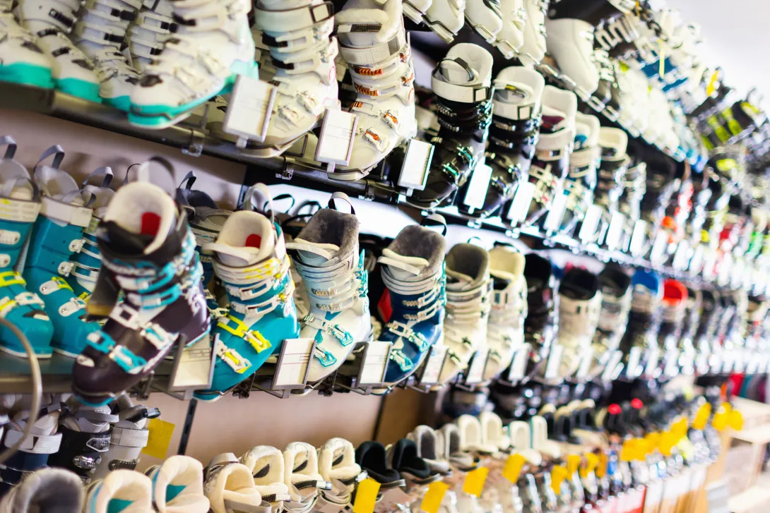 Ski boots on a rack