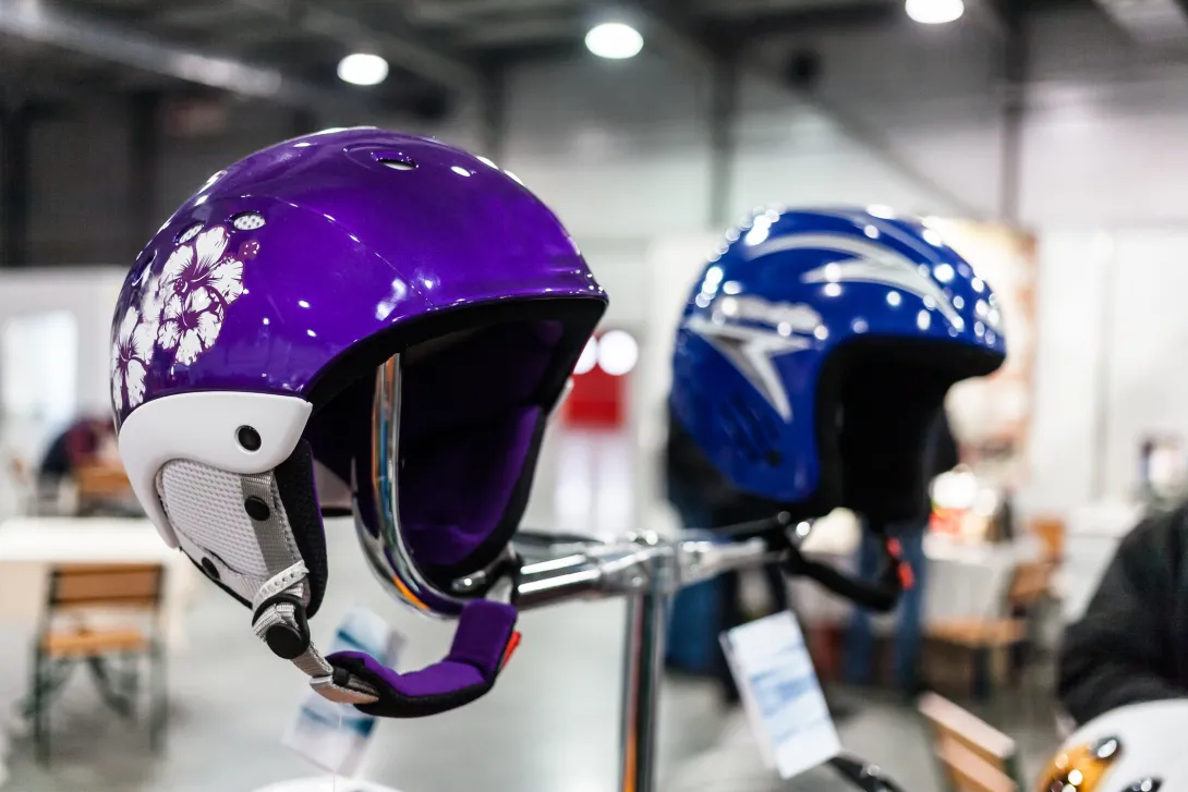 Ski helmet on a rack