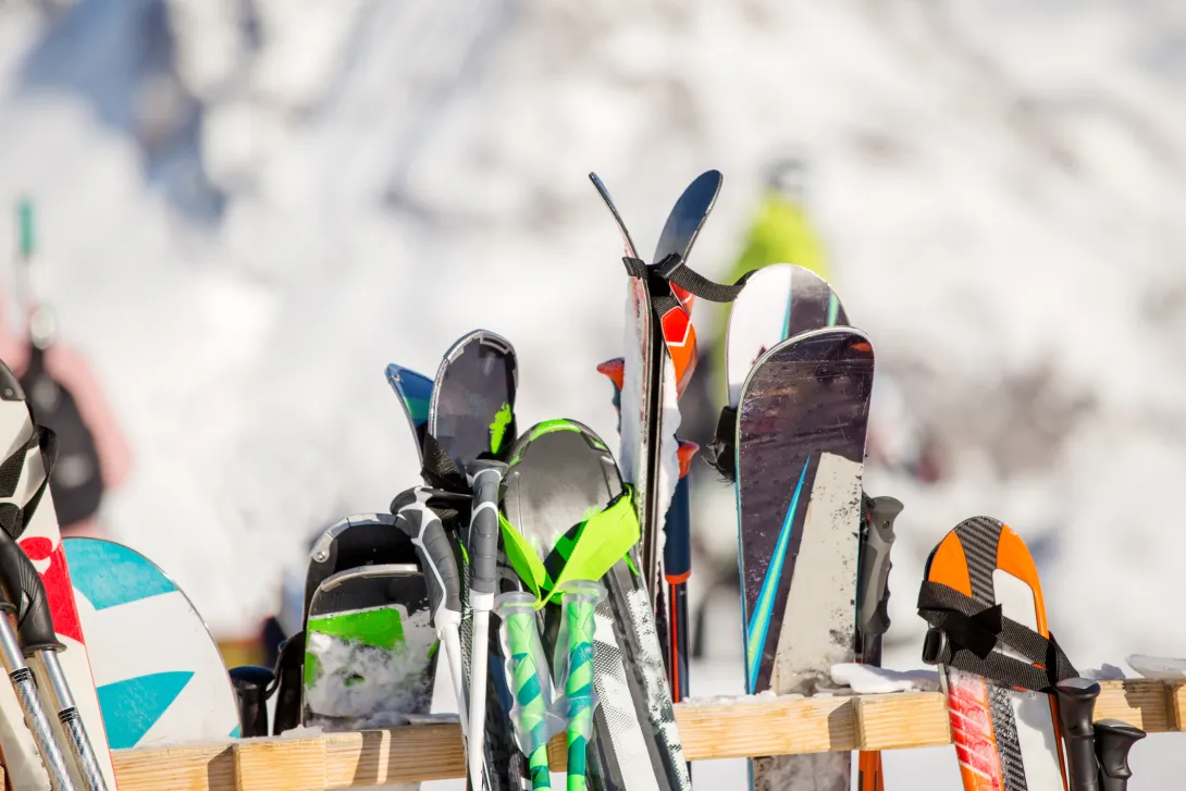 Ski tips on a rack