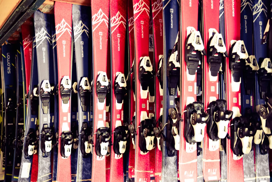 Skis in ski rental shop