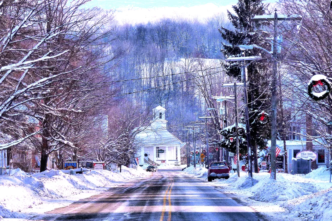 Vermont town in winter