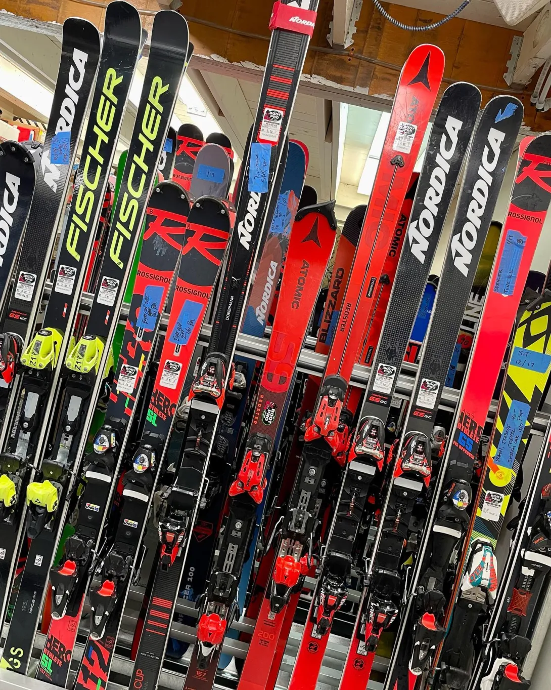 Close up of rental skis