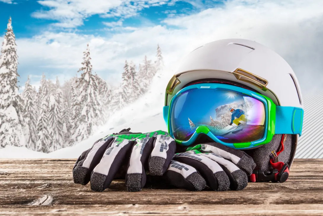 Ski helmet with gloves